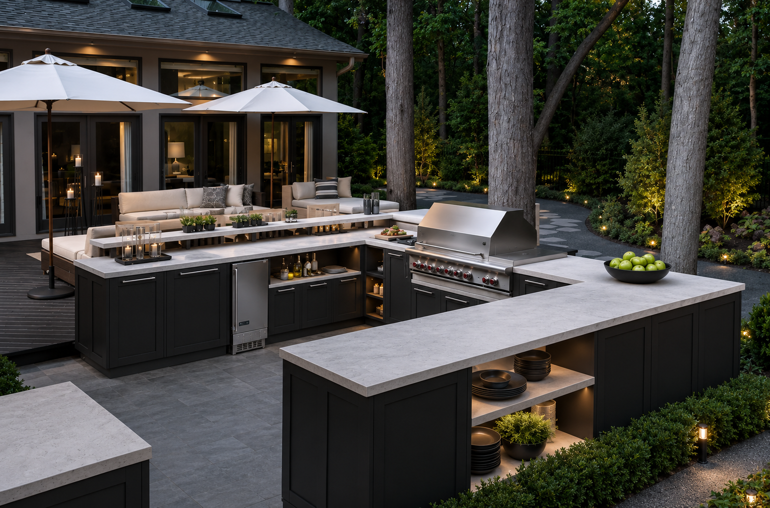 Cuisine extérieure moderne avec grand îlot, nombreuses armoires de rangement, barbecue intégré et espace détente aménagé