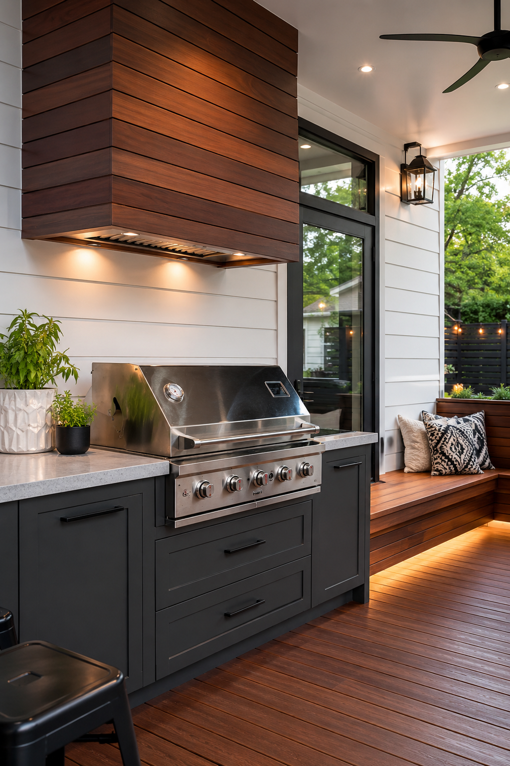 Cuisine extérieure moderne sous terrasse couverte avec barbecue intégré, armoires foncées, comptoir clair et banquette en bois