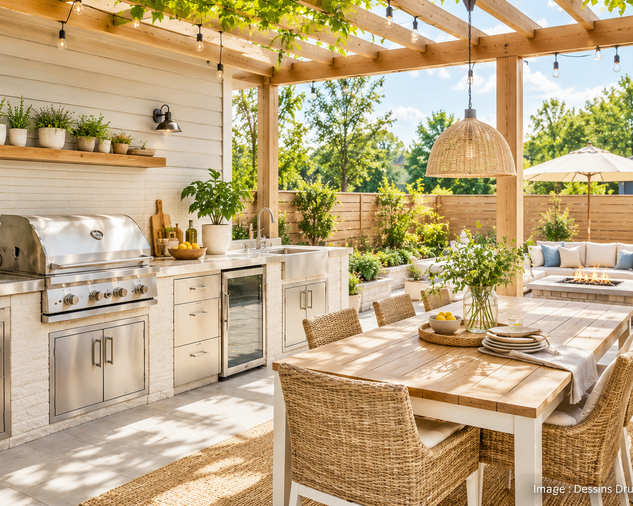 Cuisine extérieure lumineuse sous pergola avec barbecue intégré, grande table à manger et espace détente dans une cour aménagée