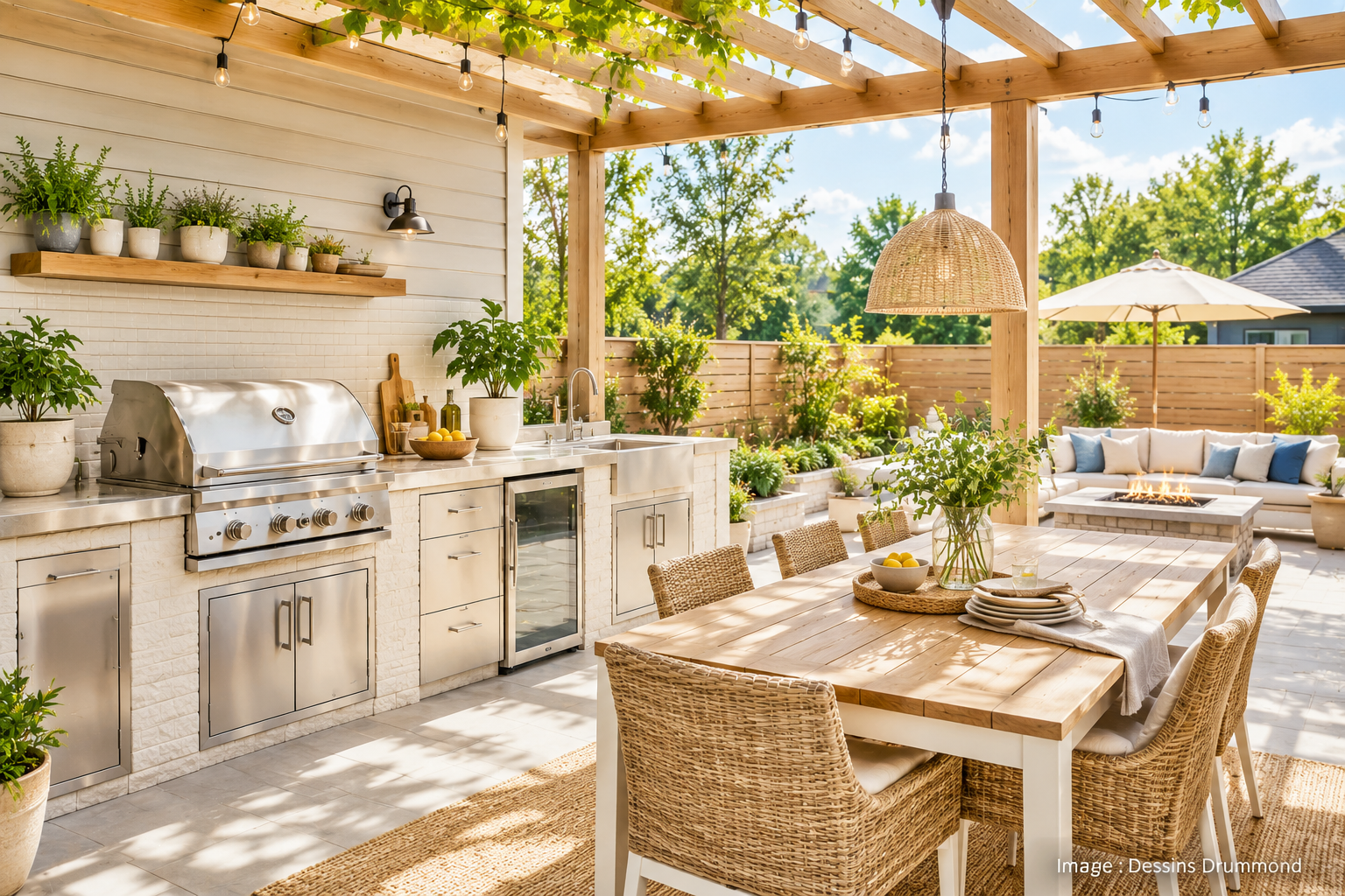 Cuisine extérieure lumineuse sous pergola avec barbecue intégré, grande table à manger et espace détente dans une cour aménagée