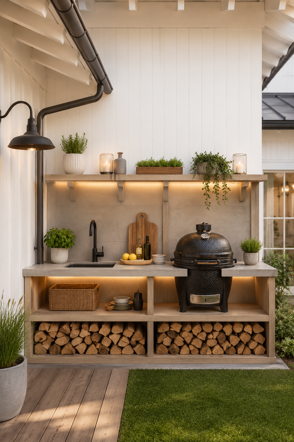 Cuisine extérieure scandinave avec BBQ Kamado noir, comptoir minimaliste, rangement pour bois de chauffage et étagères décoratives en bois clair