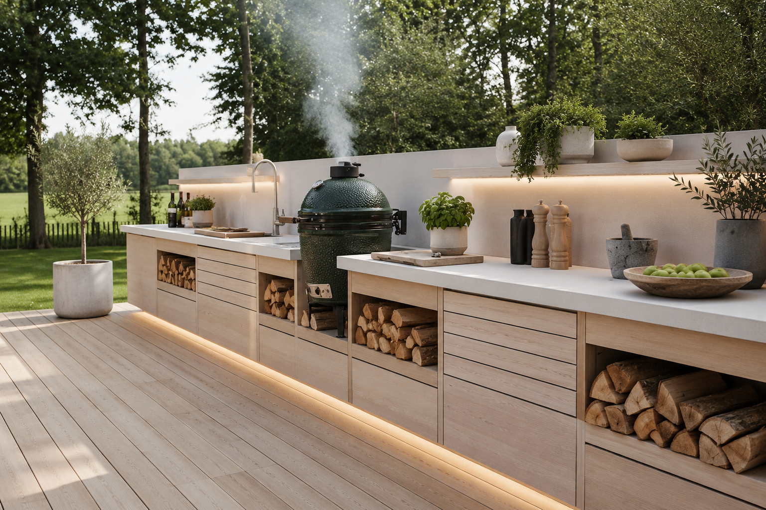 Cuisine extérieure scandinave moderne avec BBQ Kamado intégré, rangement en bois clair, comptoir blanc et espace de cuisson minimaliste