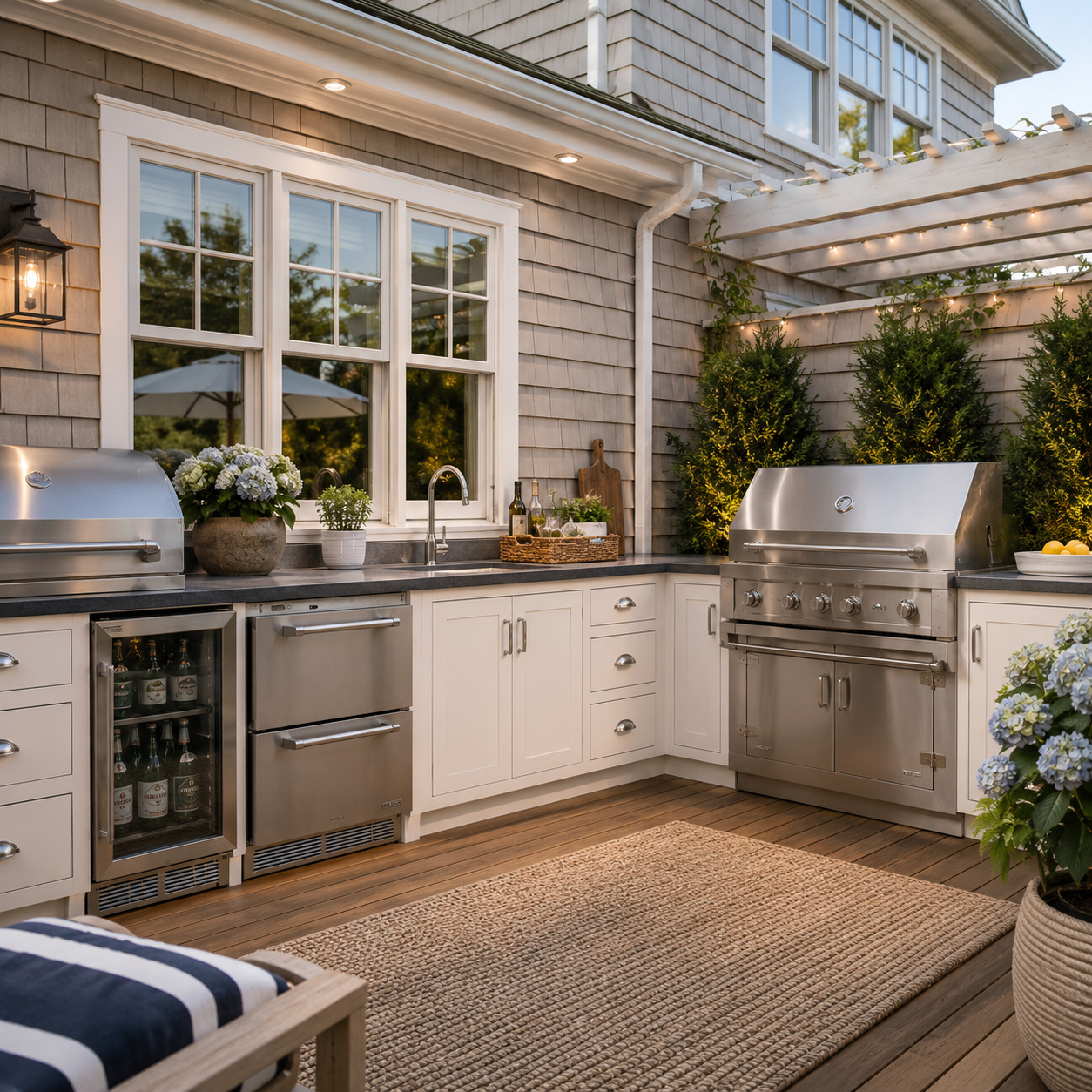 Cuisine extérieure style Cape Cod avec armoires blanches, barbecue intégré en acier inoxydable, pergola blanche et terrasse en bois