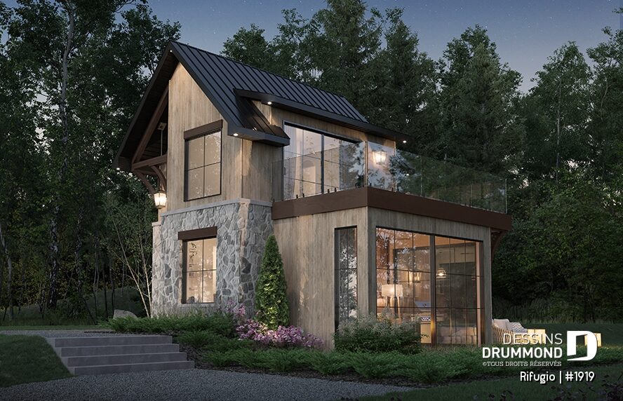 Chalet rustique moderne avec toiture d’acier noire et grandes fenêtres en pleine forêt – modèle Rifugio 1919 de Dessins Drummond