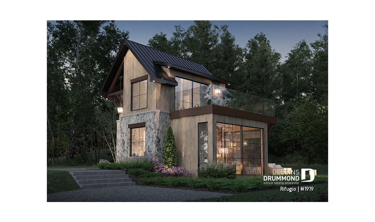 Chalet rustique moderne avec toiture d’acier noire et grandes fenêtres en pleine forêt – modèle Rifugio 1919 de Dessins Drummond