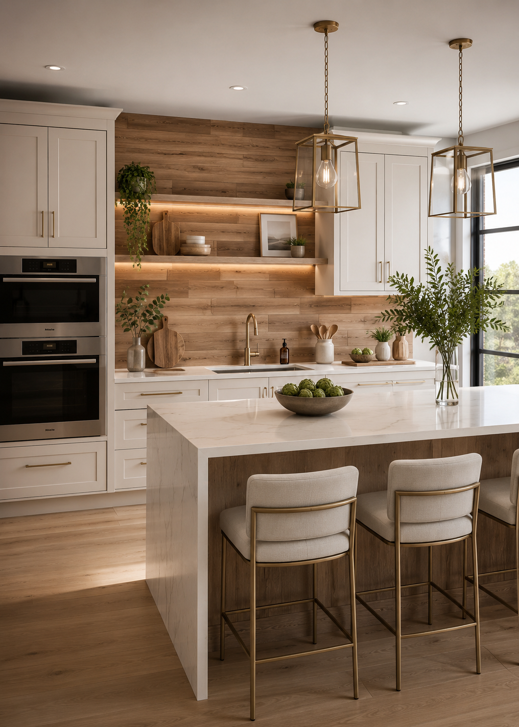 Cuisine contemporaine avec dosseret en bois naturel pleine hauteur et grand îlot en quartz