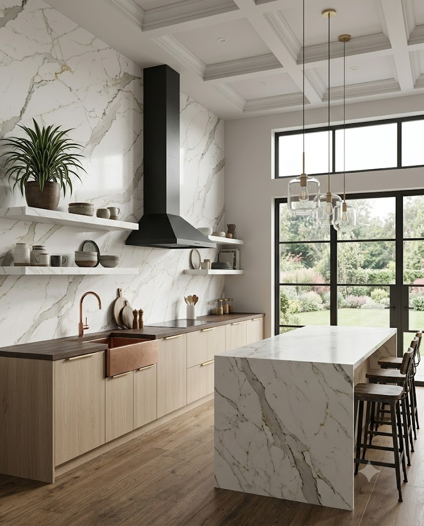 Cuisine contemporaine avec dosseret pleine hauteur en quartz Calacatta et îlot effet cascade