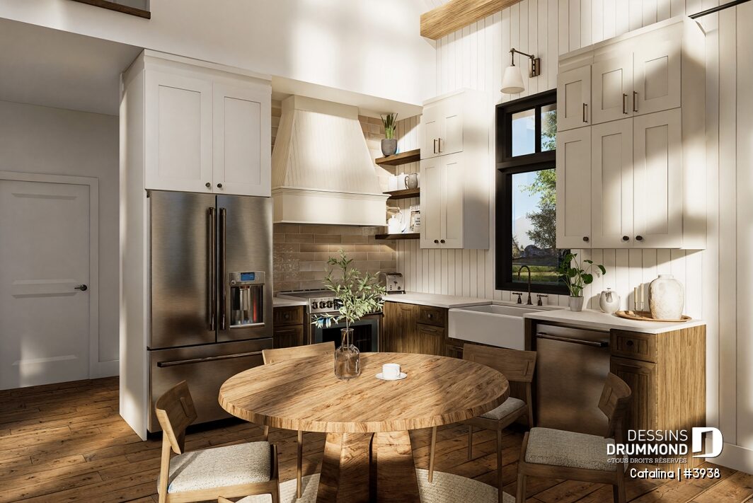 Cuisine farmhouse avec dosseret effet pierre, accents en shiplap et armoires blanches – Plan Catalina par Dessins Drummond