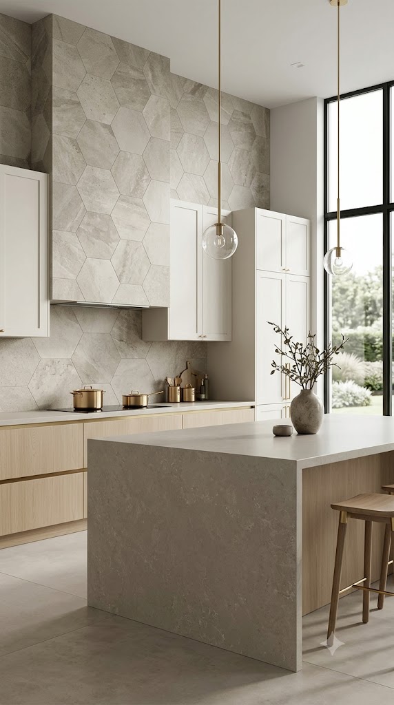 Cuisine contemporaine avec dosseret en grands carreaux hexagonaux effet pierre naturelle
