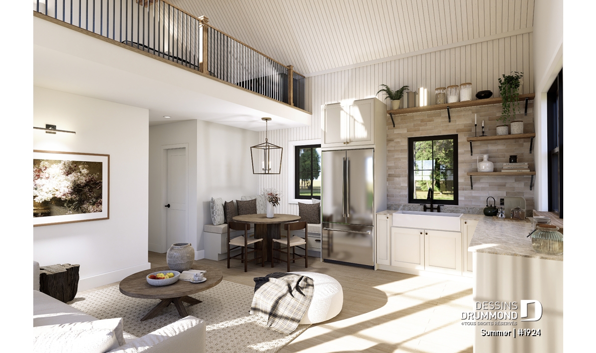 Cuisine de pavillon de piscine avec dosseret en pierre format subway – Pavillon Summer par Dessins Drummond