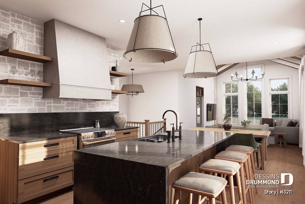 Cuisine farmhouse avec dosseret en pierre naturelle, comptoir foncé et îlot central – Plan Stacy par Dessins Drummond