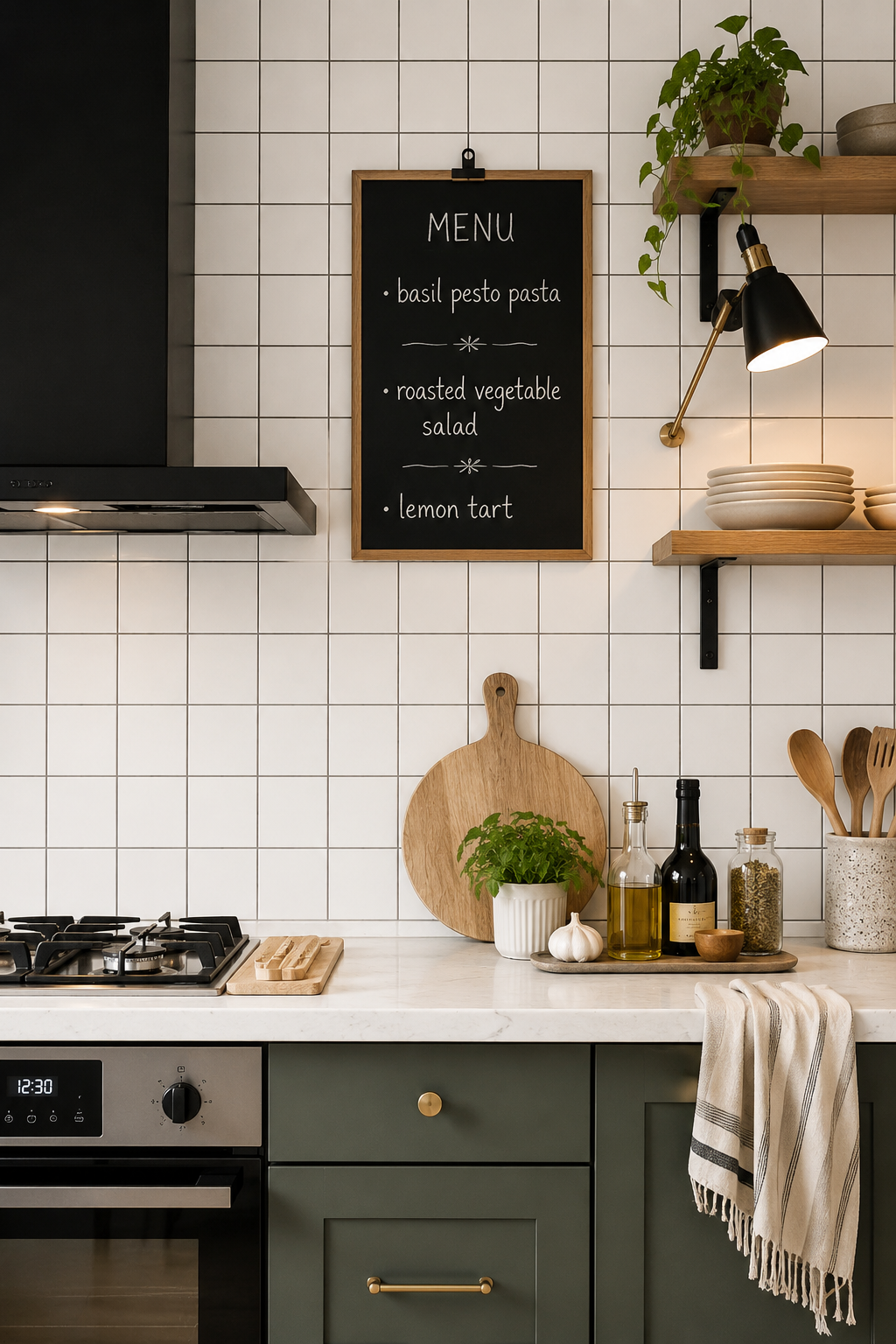 Dosseret en tuiles carrées blanches avec joints noirs dans une cuisine moderne