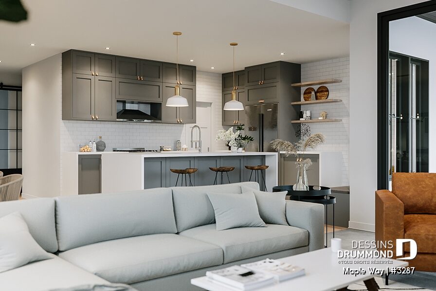 Cuisine farmhouse de plain-pied avec dosseret en tuiles métro blanches – Plan Maple Way par Dessins Drummond