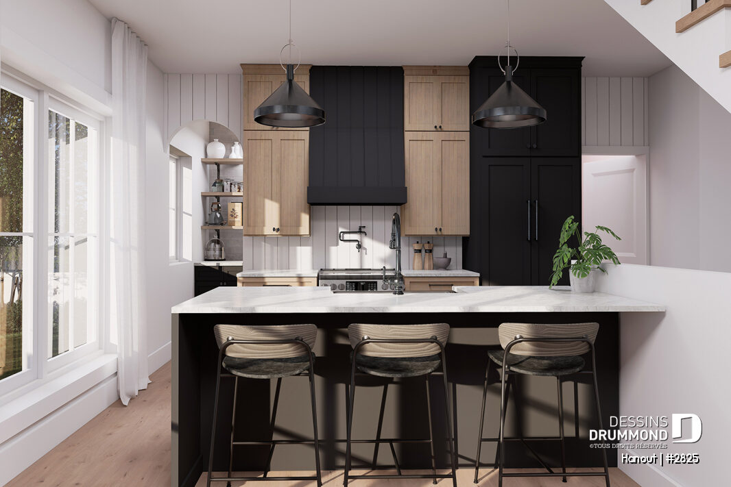 Cuisine moderne avec dosseret en tuiles blanches posées verticalement – Plan Hanout par Dessins Drummond