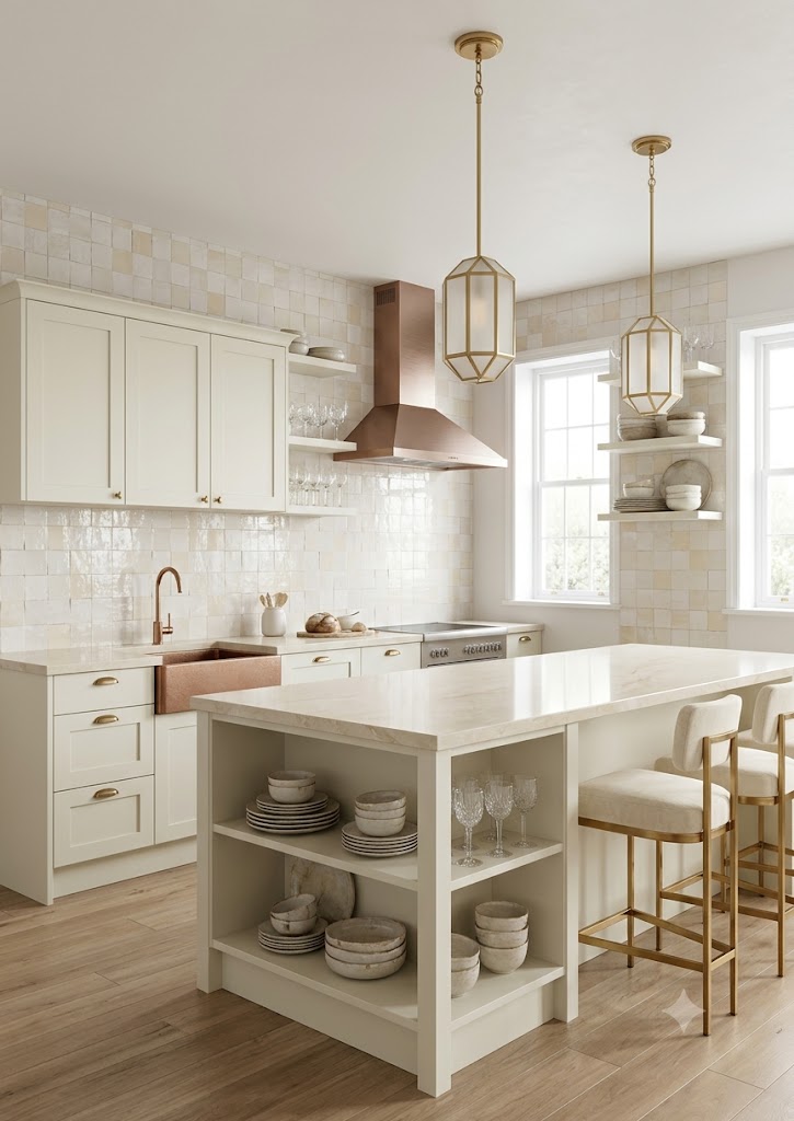 Cuisine moderne avec dosseret en tuiles zellige blanches artisanales
