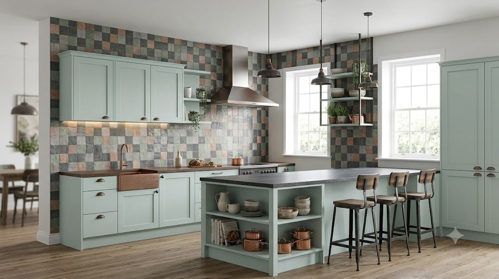Cuisine moderne avec dosseret en tuiles zellige artisanales multicolores