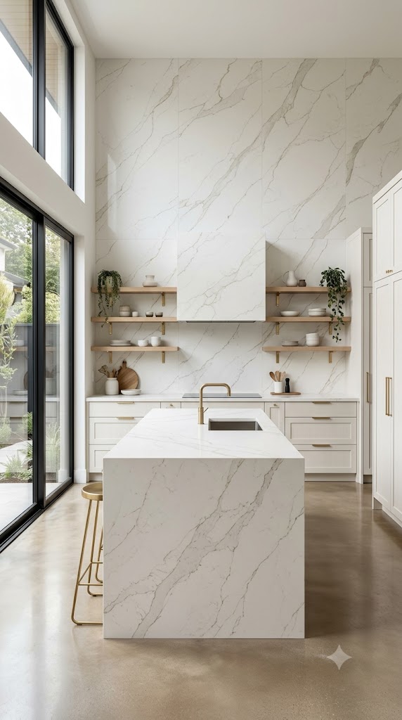 Cuisine minimaliste avec dosseret pleine hauteur en quartz et îlot assorti illustrant les tendances de demain