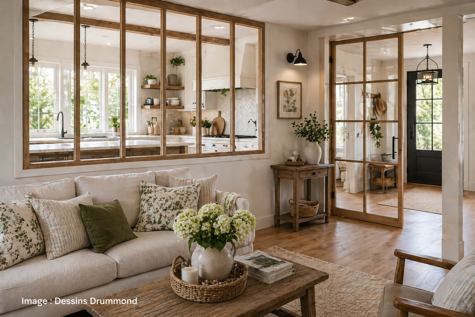 Mur séparateur vitré style champêtre avec verrière intérieure en bois séparant salon, cuisine et entrée lumineuse