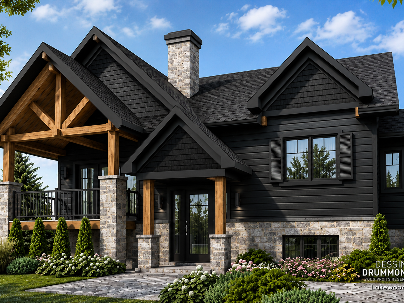 Plan de plain-pied style chalet Lakewood #3155 avec façade noire et balcon couvert