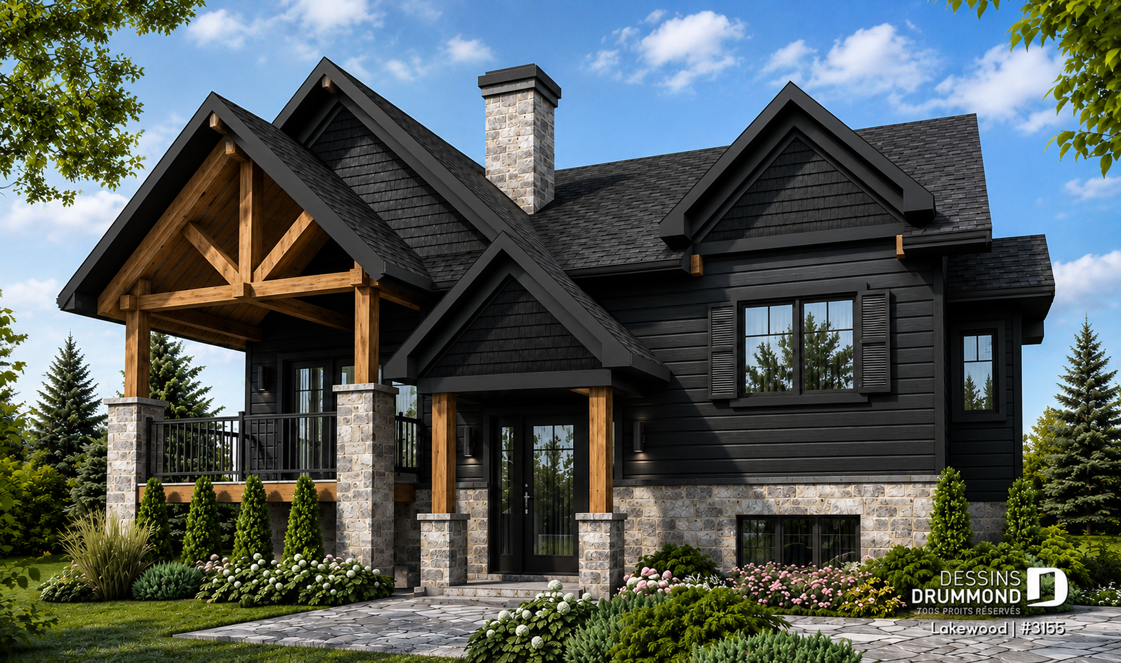 Plan de plain-pied style chalet Lakewood #3155 avec façade noire et balcon couvert