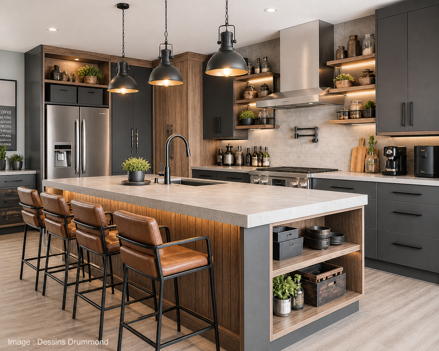 Cuisine moderne masculine lumineuse avec grand îlot central, armoires foncées, quartz pâle, bois naturel et luminaires industriels noirs