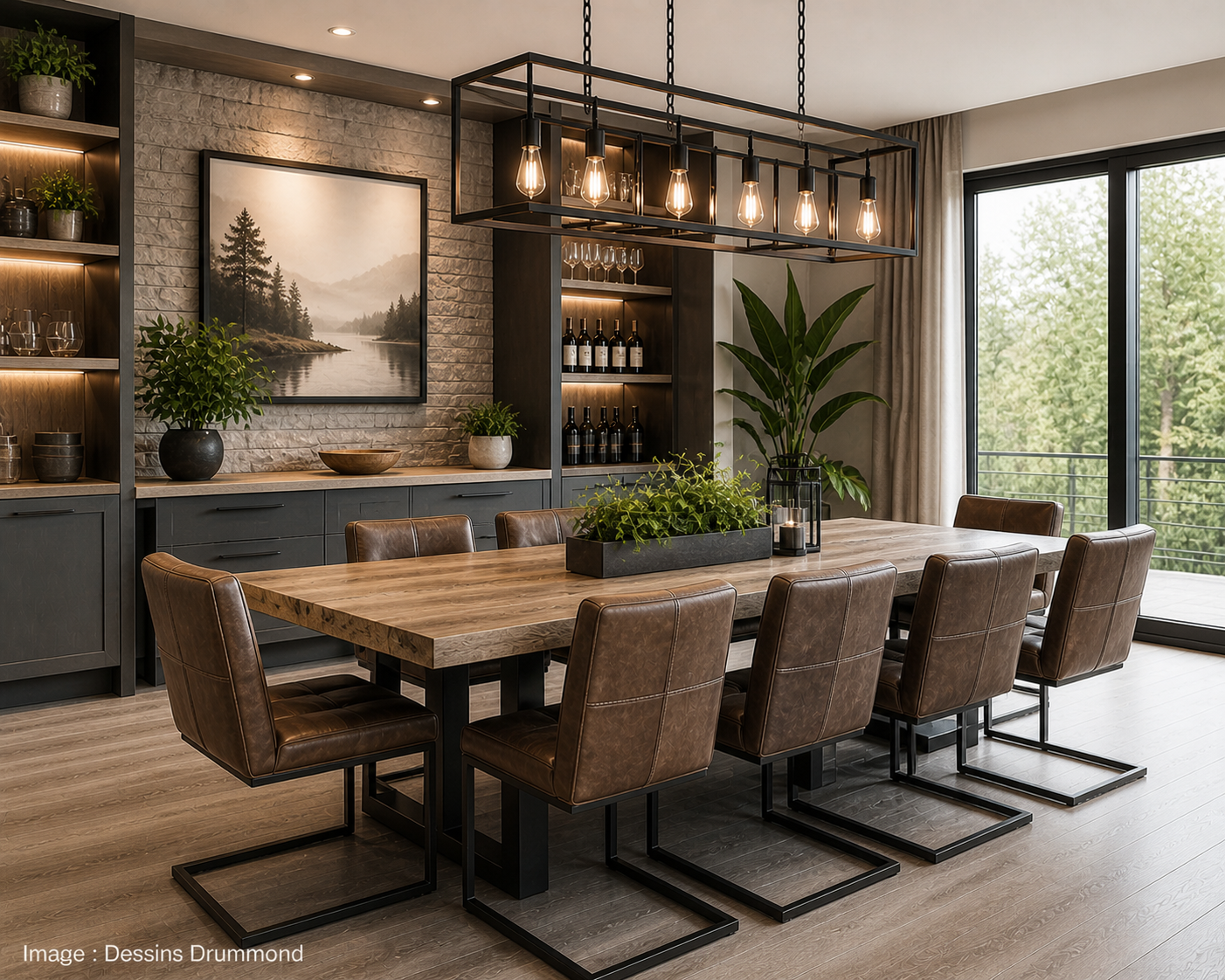 Salle à manger masculine moderne avec grande table en bois, luminaires industriels, chaises structurées, palette sobre et ambiance chaleureuse