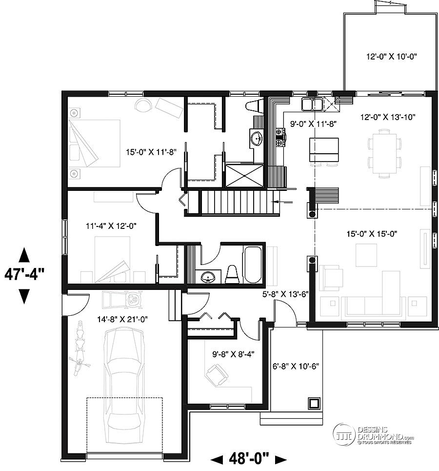 Nouveau plan # 3291 de Dessins Drummond - Plain-pied avec plafond cathédral et 2 à 3 chambres