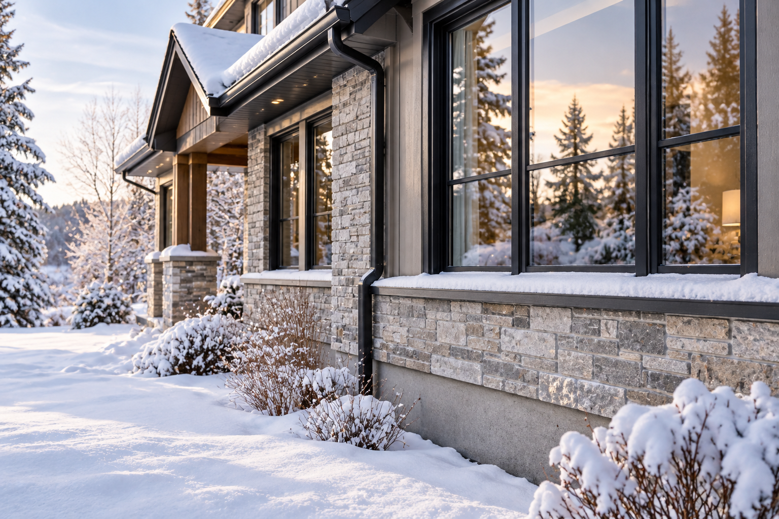 Fenêtres, revêtement extérieur et fondations d’une maison en hiver