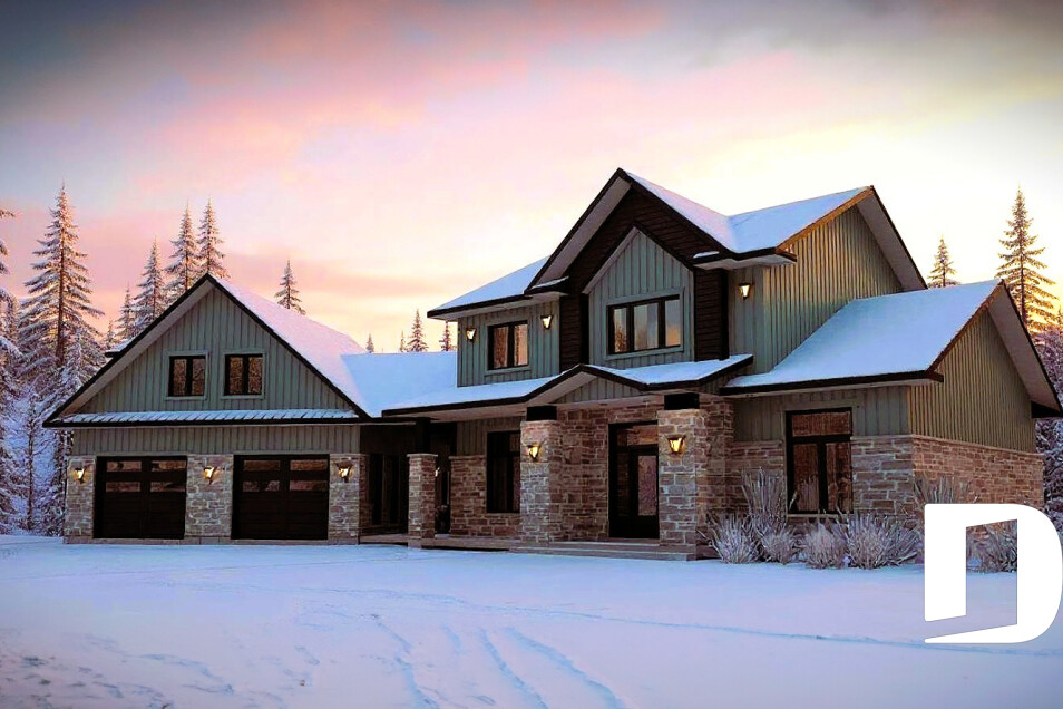 Maison avec plan sur mesure conçue par Dessins Drummond Chicoutimi en hiver