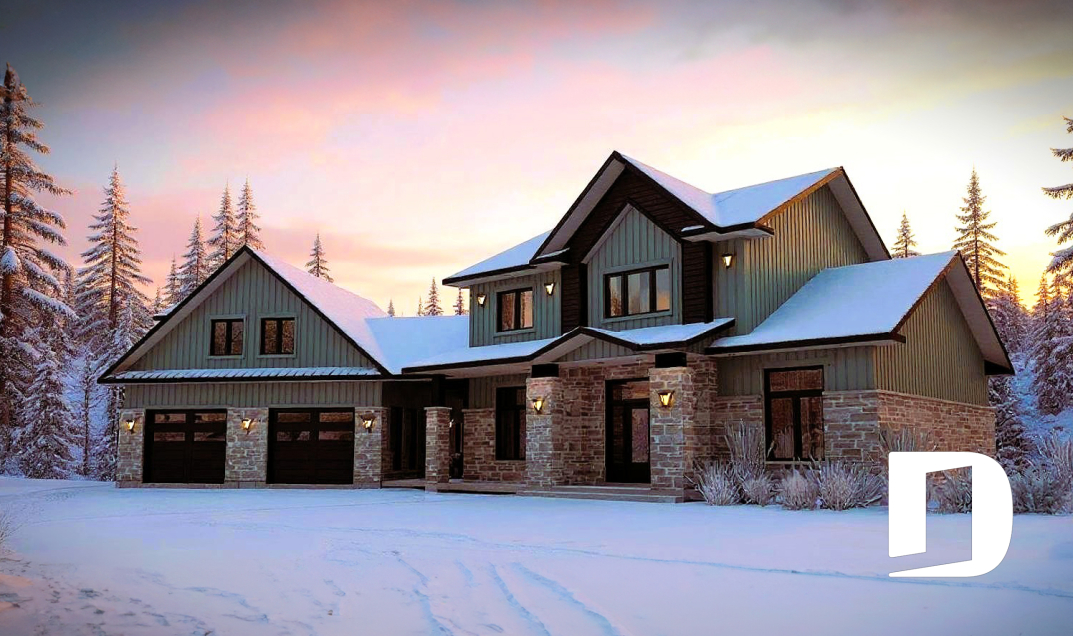 Maison avec plan sur mesure conçue par Dessins Drummond Chicoutimi en hiver