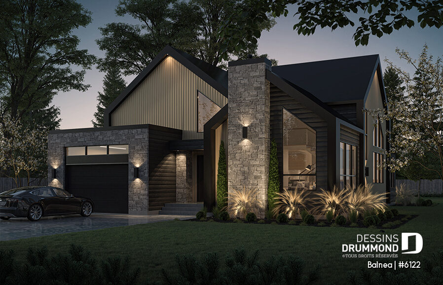 plan maison plain pied moderne avec garage Balnea Drummond