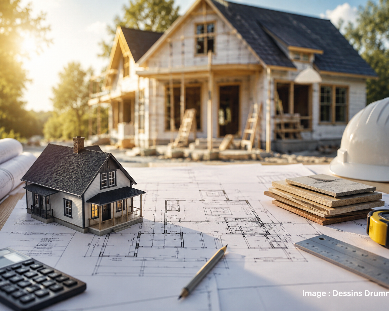 Plans de maison, matériaux et chantier résidentiel pour planifier un projet de construction ou rénovation