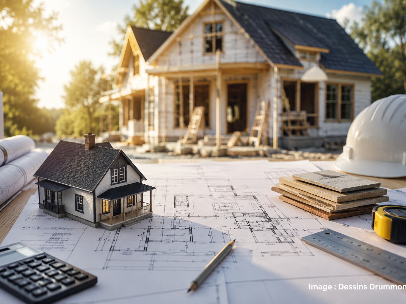 Plans de maison, matériaux et chantier résidentiel pour planifier un projet de construction ou rénovation