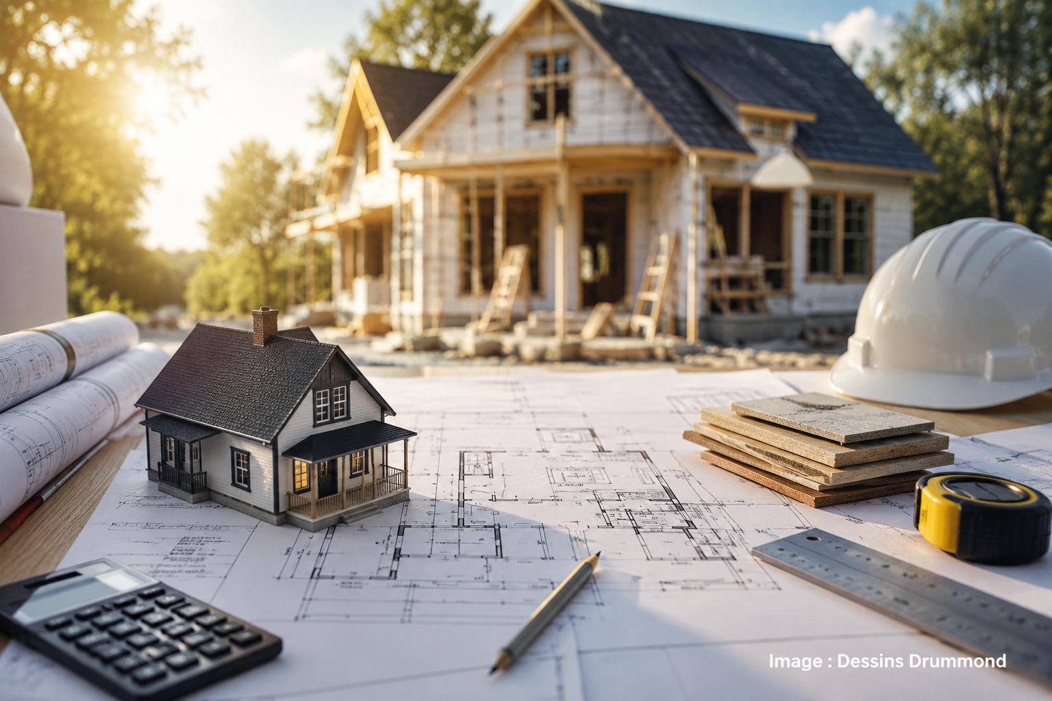 Plans de maison, matériaux et chantier résidentiel pour planifier un projet de construction ou rénovation