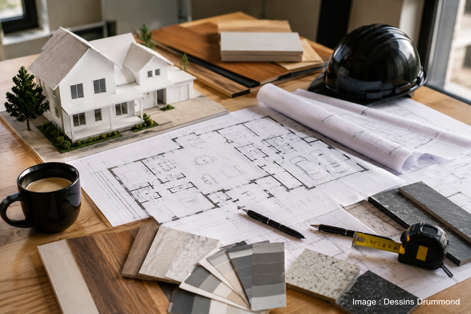 Plans de maison, matériaux et échantillons de finition pour planifier un projet de construction ou de rénovation
