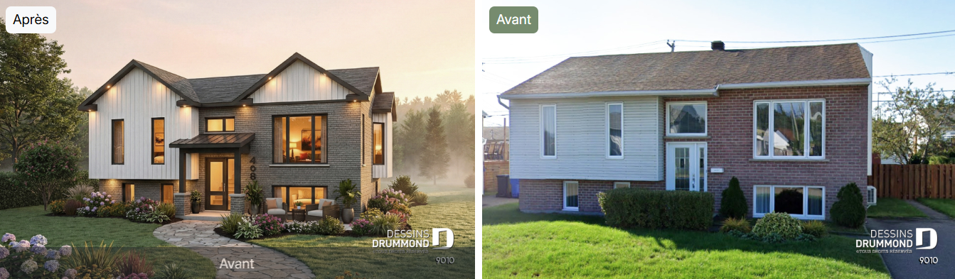 Transformation avant après d’une maison rénovée avec nouvelle façade moderne et fenestration agrandie