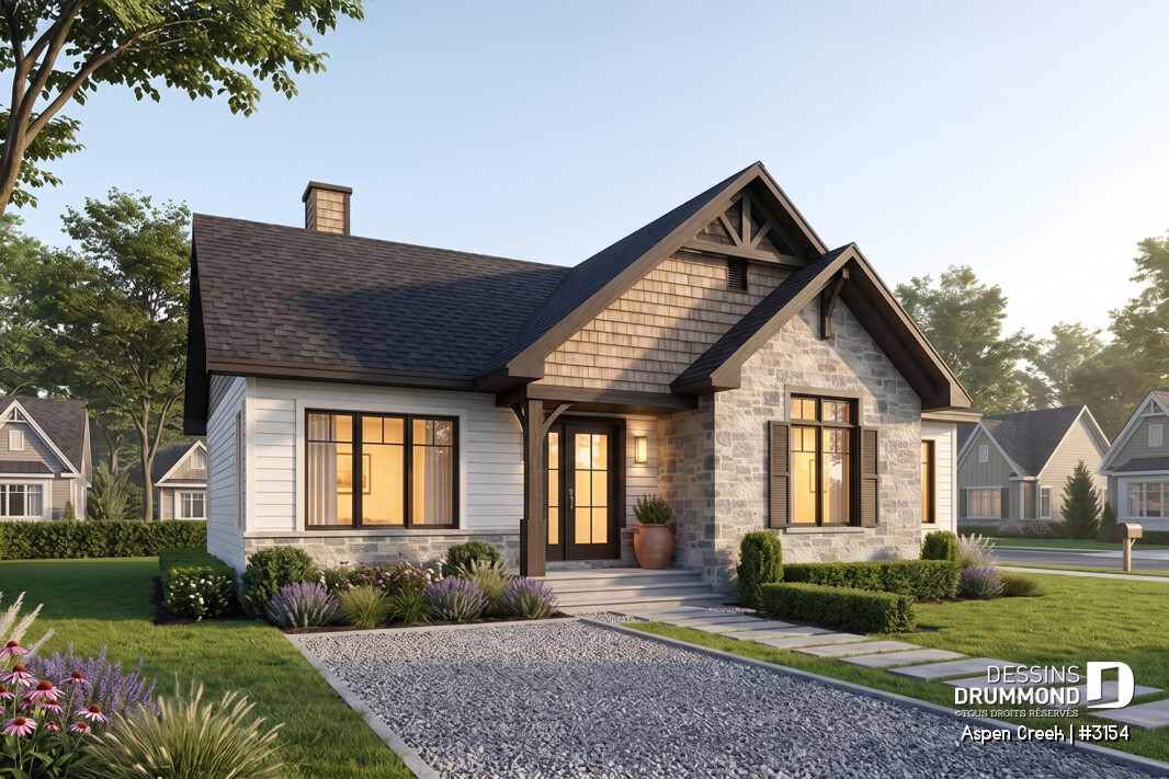 Maison plain-pied Aspen Creek 3154 avec architecture chaleureuse, grandes fenêtres et aménagement moderne