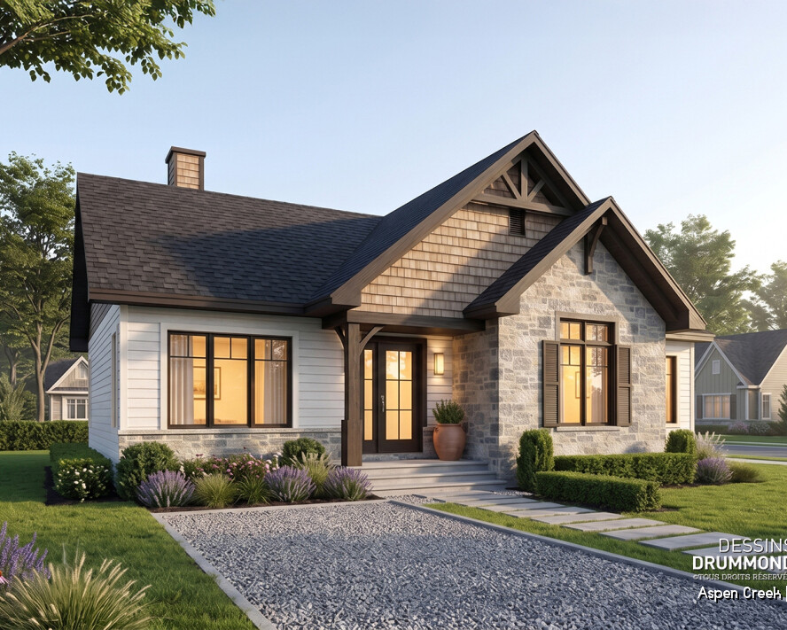 Maison plain-pied Aspen Creek 3154 avec architecture chaleureuse, grandes fenêtres et aménagement moderne
