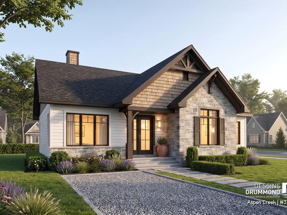 Maison plain-pied Aspen Creek 3154 avec architecture chaleureuse, grandes fenêtres et aménagement moderne