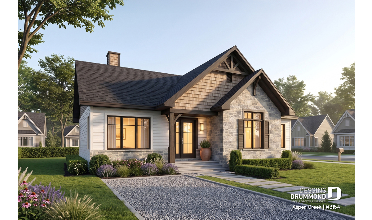Maison plain-pied Aspen Creek 3154 avec architecture chaleureuse, grandes fenêtres et aménagement moderne