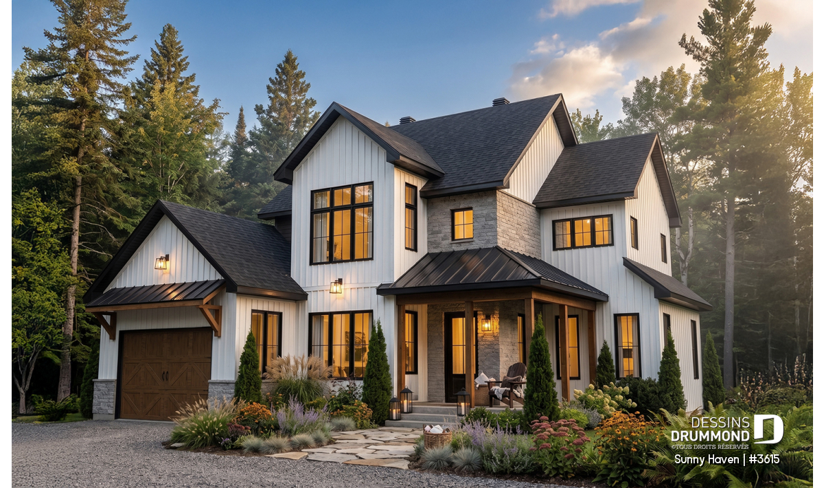 Maison farmhouse moderne Sunny Haven 3615 avec garage, grandes fenêtres et architecture familiale lumineuse