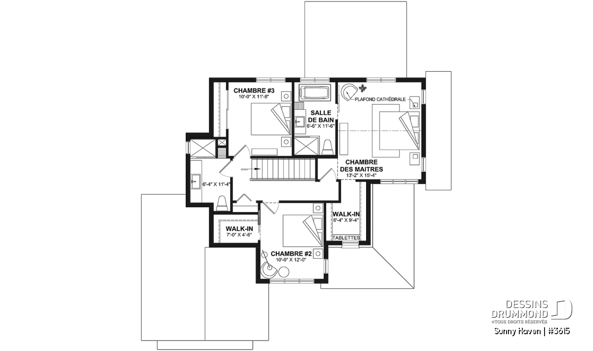 Plan de l’étage du Sunny Haven 3615 avec chambres, suite des maîtres, walk-in et plafond cathédrale