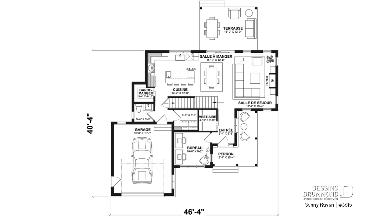 Plan du rez-de-chaussée du Sunny Haven 3615 avec aire ouverte, bureau, garage et grande cuisine centrale