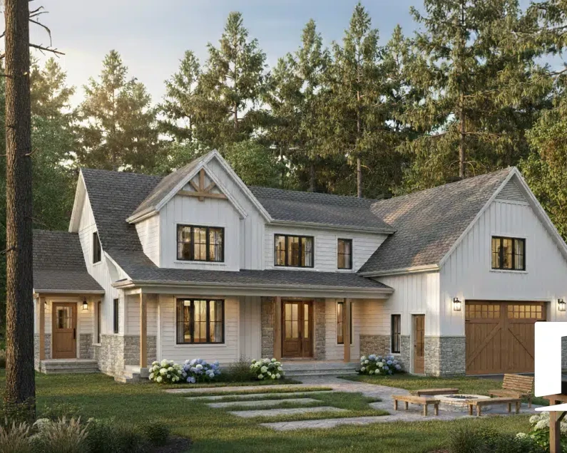 Maison sur mesure farmhouse moderne avec garage intégré conçue par Dessins Drummond à Québec
