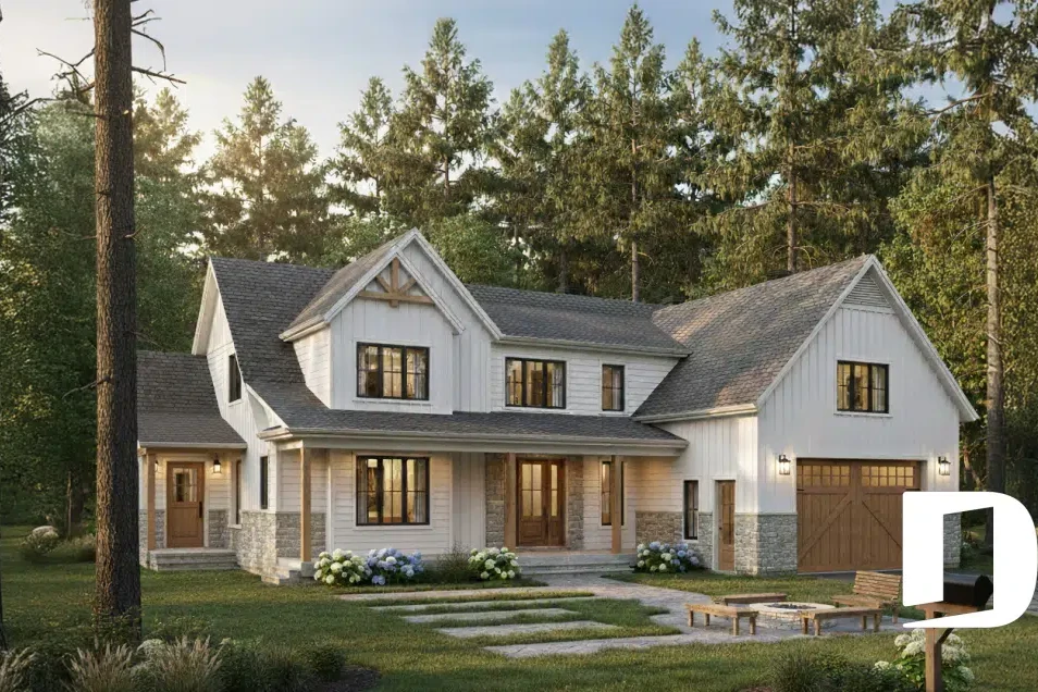 Maison sur mesure farmhouse moderne avec garage intégré conçue par Dessins Drummond à Québec