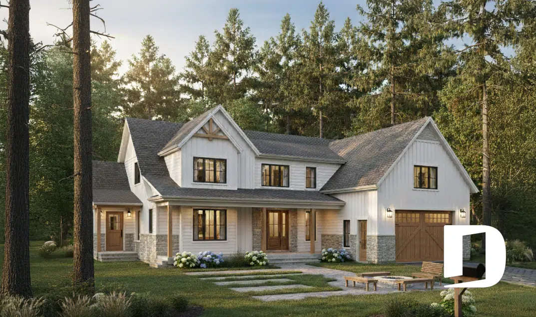 Maison sur mesure farmhouse moderne avec garage intégré conçue par Dessins Drummond à Québec