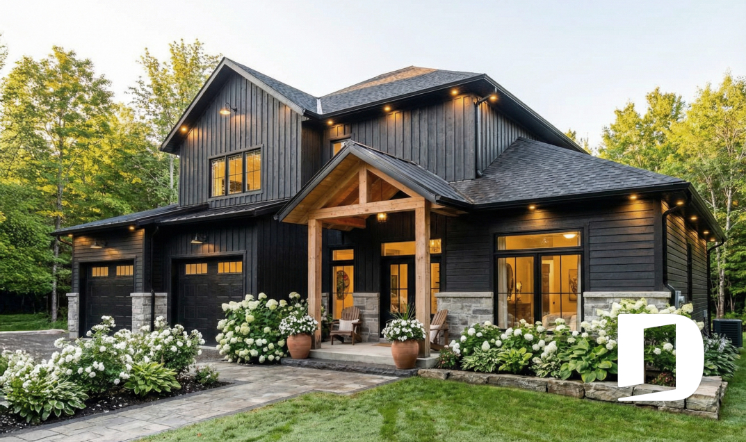 Maison sur mesure de style moderne rustique avec garage double conçue par le bureau Dessins Drummond de Boisbriand