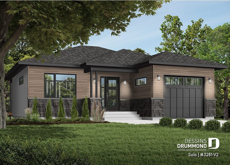 Façade avant du plan de maison contemporaine Solo (#3281-V2) avec 1 chambre, garage simple intégré, revêtement moderne et entrée couverte