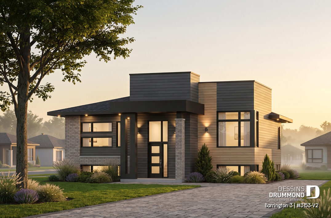 Façade avant du plan de maison moderne Barrington 3 (#3153-V2) avec 2 chambres, architecture contemporaine, grandes fenêtres et entrée couverte