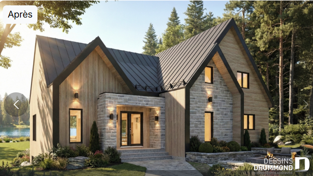 Plan de rénovation maison avant après style scandinave avec modernisation de façade et matériaux naturels